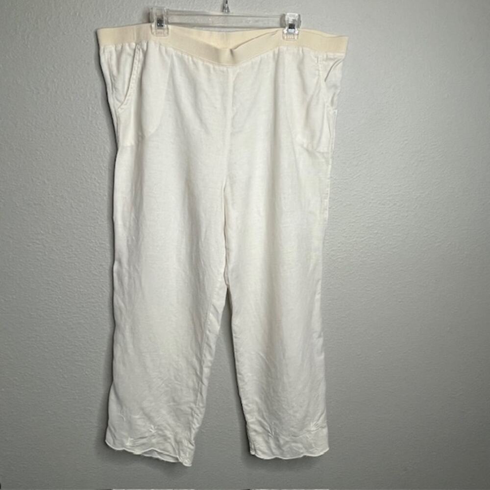 J. Jill White Linen Crop Pants L Wide Leg Stretch Tulip Hem Pockets Summer